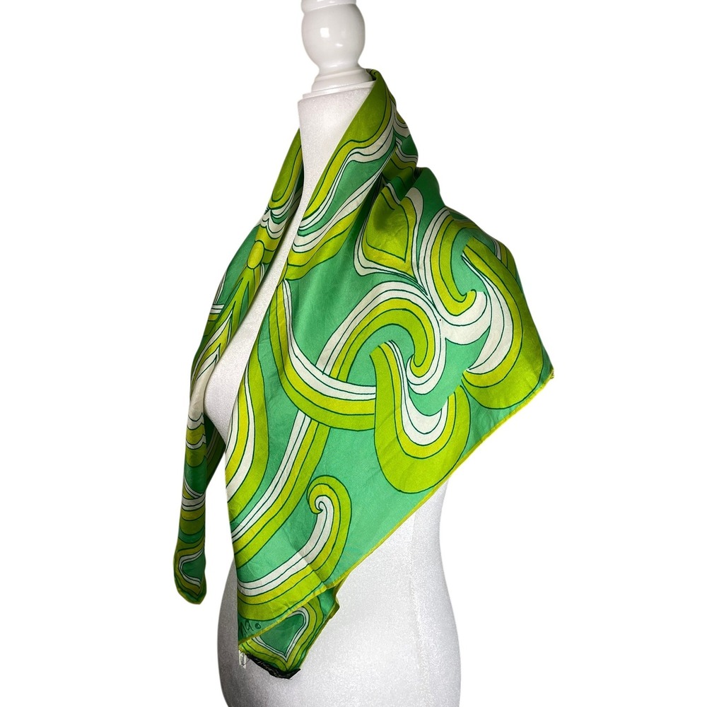 Vera Neumann Vintage Silk Scarf Green Psychedelic Swirl Gold-Piece Collection - Picture 2 of 12
